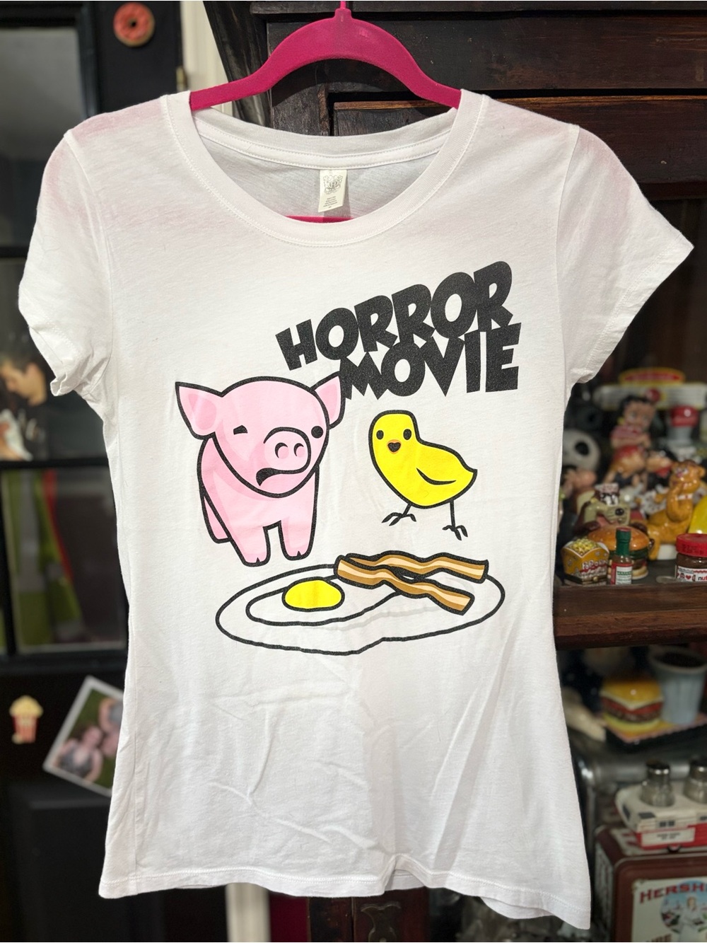 Horror Movie Graphic Tee - White with Pink Pig & Yellow Chick
